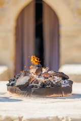 Close up view of a gas fire pit at the Atashgah Zoroastrian Fire Temple, Azerbaijan