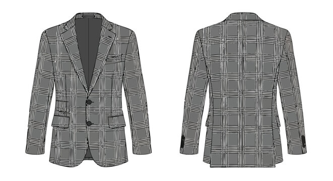 Elegant men's gray plaid blazer, featuring a sophisticated pattern and tailoring style. The blazer is perfect for a formal event or a smart casual