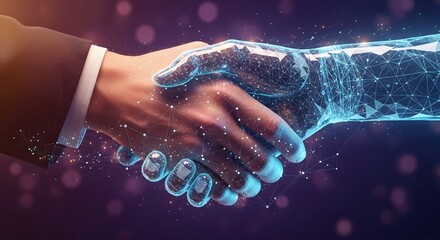 businessman hand shaking with robotic AI hand hologram to confirm with dealing for future business and technology innovation of business innovation concept