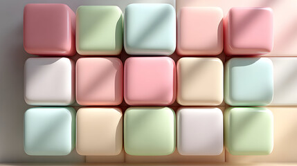 Overhead view of sixteen pastel-colored square objects arranged in a grid pattern on a white surface.