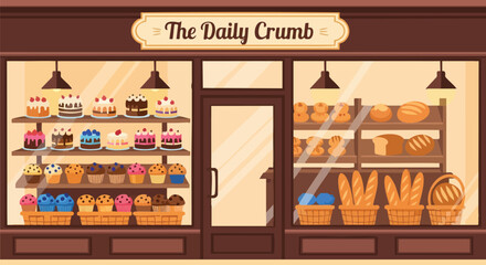 Charming bakery shopfront illustration featuring a delightful array of cakes breads and pastries on display for sale