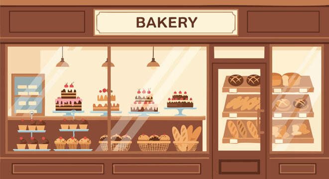 Charming storefront illustration showcasing delicious cakes, muffins, breads and other baked treats in a bakery window display