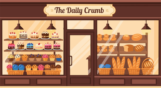 Charming bakery shopfront illustration featuring a delightful array of cakes breads and pastries on display for sale