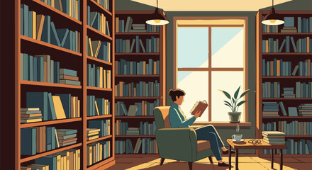 Cozy Library Nook: A Person Reads Amidst Bookshelves and Natural Light Creating a Peaceful Atmosphere of Intellectual Exploration and Relaxation