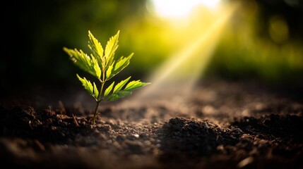 A young plant with fresh green leaves emerges from dark soil, bathed in warm sunlight,