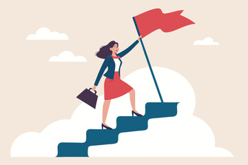 
Success fearless female entrepreneur, woman leadership or challenge and achievement concept, success businesswoman on top of career staircase holding winning flag looking for future visionary. 