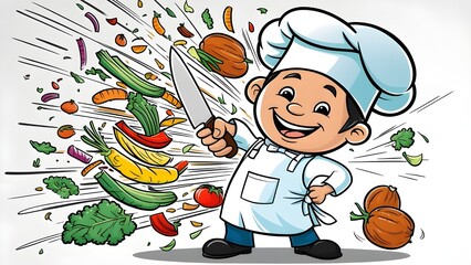A cheerful cartoon chef energetically chops vibrant vegetables and fruits, creating a dynamic scene of healthy food preparation and culinary passion