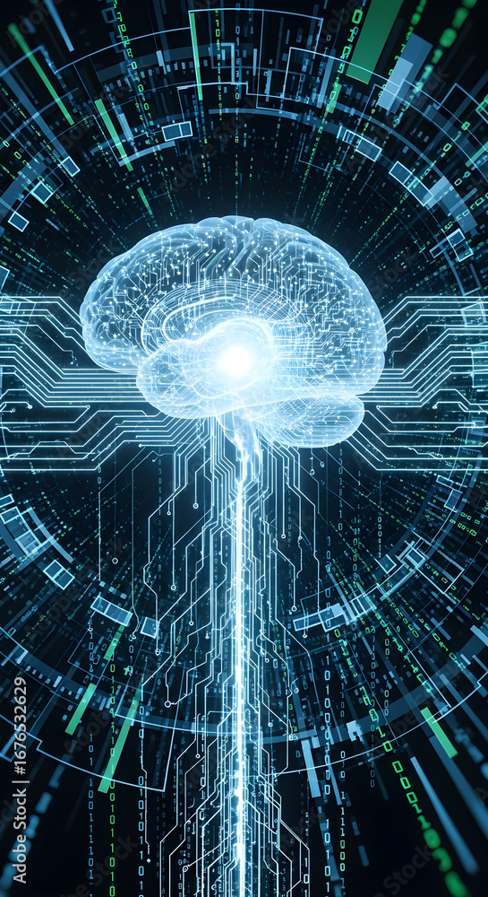 Poster a glowing digital brain connected to a futuristic circuit board, symbolizing artificial intelligence