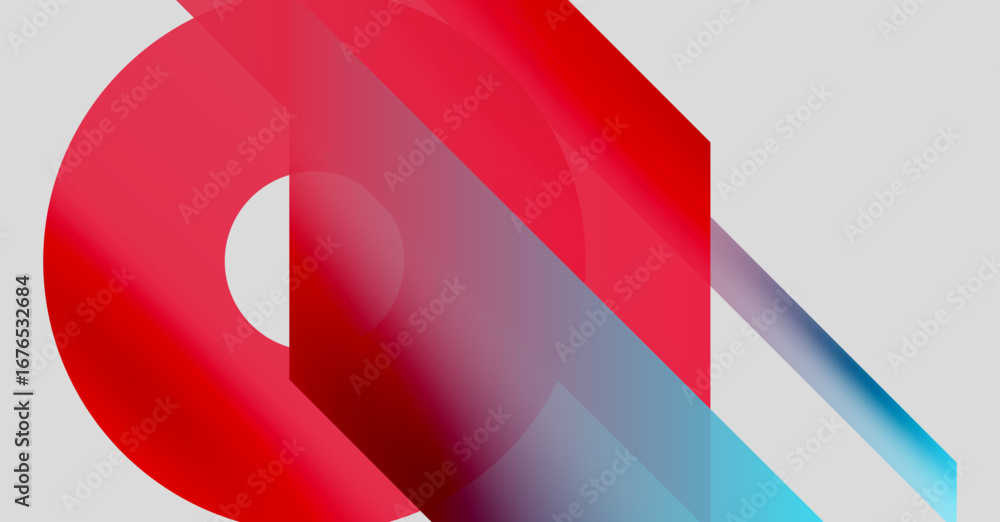 Poster abstract geometric design. red, blue gradients overlap creating dynamic visual effect. modern, minim