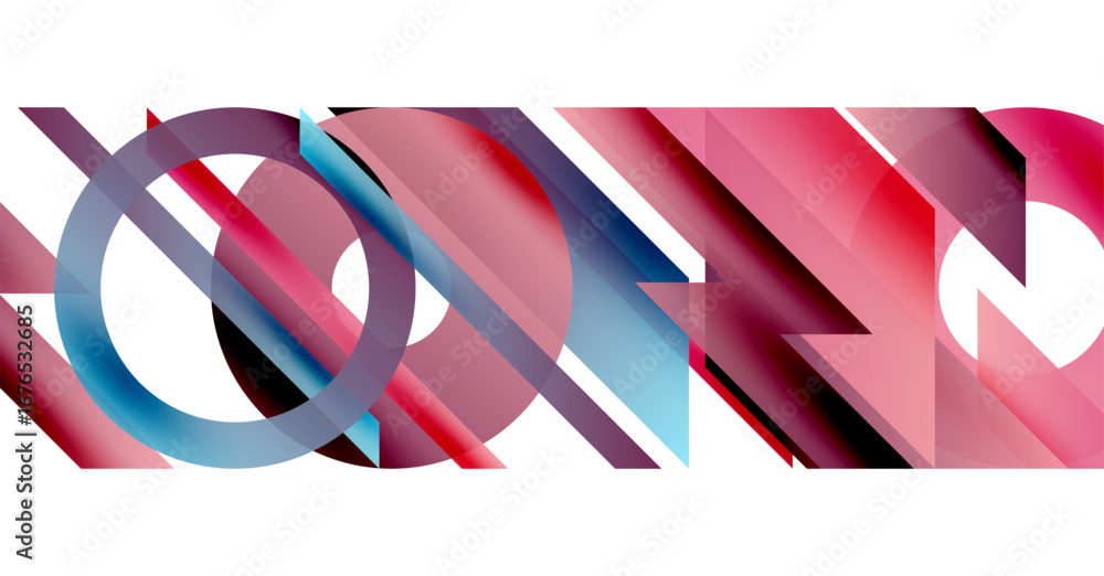 Poster abstract geometric composition. overlapping shapes create dynamic visual effect. red, blue hues domi