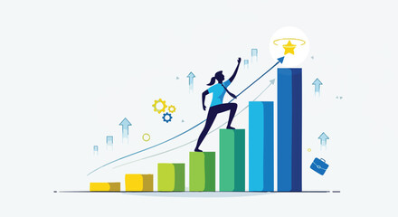 Illustrative Depiction of a Woman Climbing Up Financial Growth Graph Toward a Career Achievement Star Goal