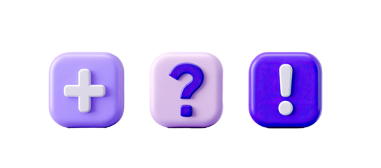 Three square buttons in shades of purple, featuring a plus sign, a question mark, and an exclamation point