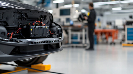 Obraz premium Electric car under inspection in factory