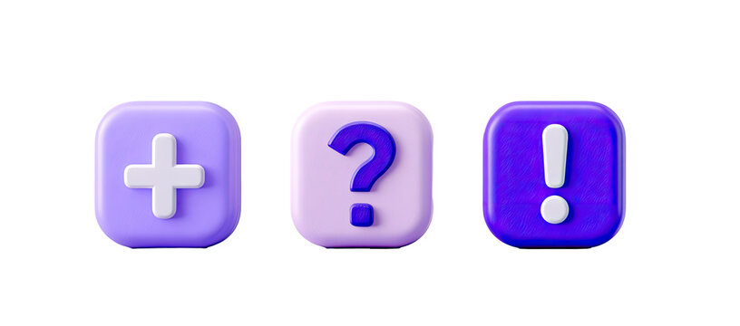 Three square buttons in shades of purple, featuring a plus sign, a question mark, and an exclamation point