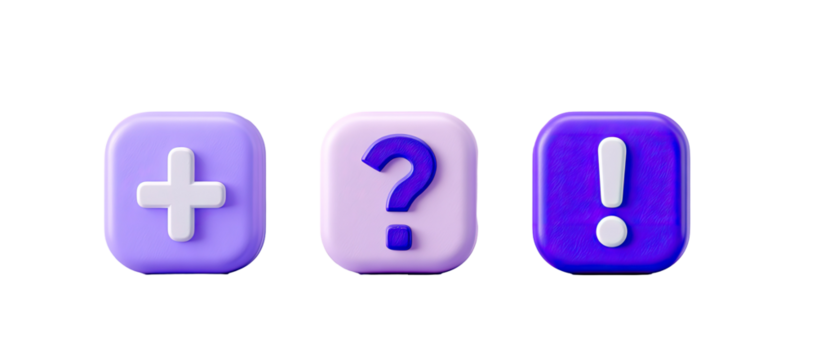 Three square buttons in shades of purple, featuring a plus sign, a question mark, and an exclamation point