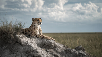 Obraz premium A cheetah rests gracefully atop a mound in the open savanna, gazing into the distance under a dramatic sky filled with clouds. Its sleek, spotted coat contrasts with the rugged earth, symbolizing both