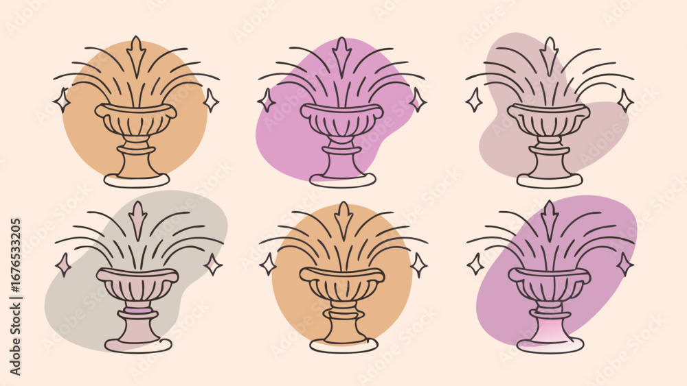 Poster abstract fountain illustrations with soft pastel color blobs and sparkle accents