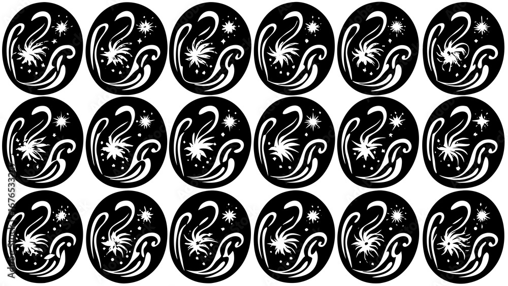 Poster abstract white floral and starburst design within black ovals repeated in a grid pattern