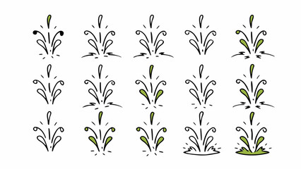 Collection of hand drawn decorative flourishes and splashes in black and green
