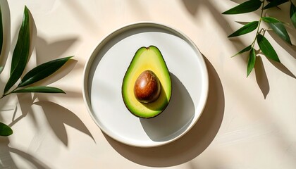 Halved Avocado on Plate, Minimalist, Sunlit, Greenery