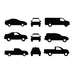 Car Silhouette Icon Set – 8 Different Vehicle Shapes Front and Side Views
