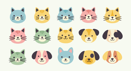 Cute Cartoon Pets: A Colorful Array of Cheerful Cats and Dogs Featuring Pastel Shades and Simple Designs Representing Joy and Playfulness