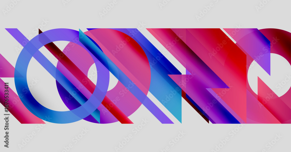 Poster abstract geometric shapes overlap, creating vibrant color gradients. lines, circles, rectangles form