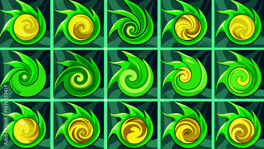 Poster vibrant green swirls with golden centers displayed in a grid pattern