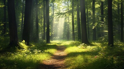 Naklejka premium A sunlit path through a lush green forest