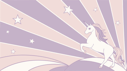 A whimsical white unicorn rears up against a pastel purple and pink striped background with scattered stars