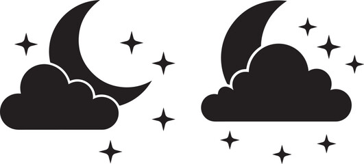 Crescent moon and clouds with stars silhouette