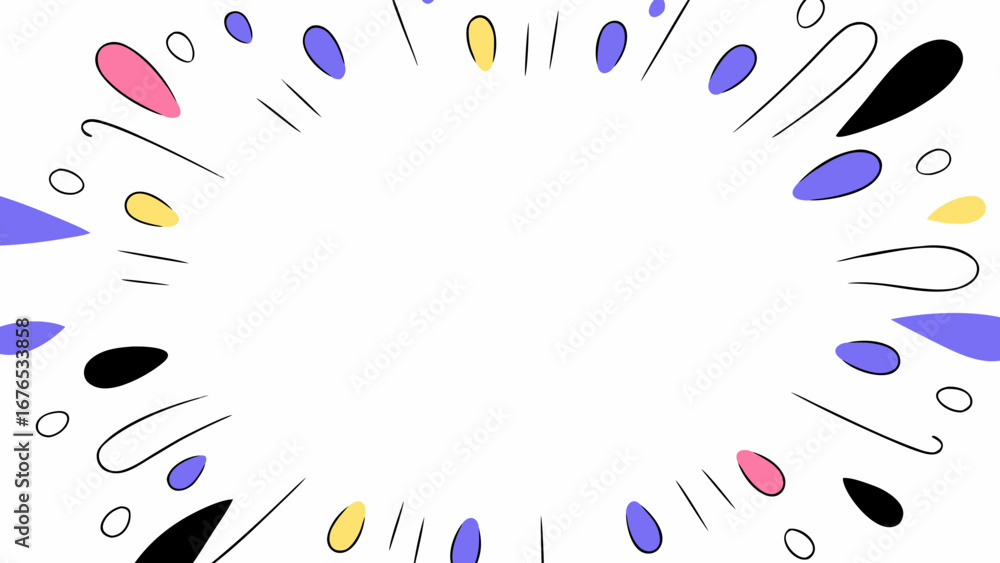 Poster whimsical abstract burst of colorful shapes and lines creating a dynamic circular border on a white 