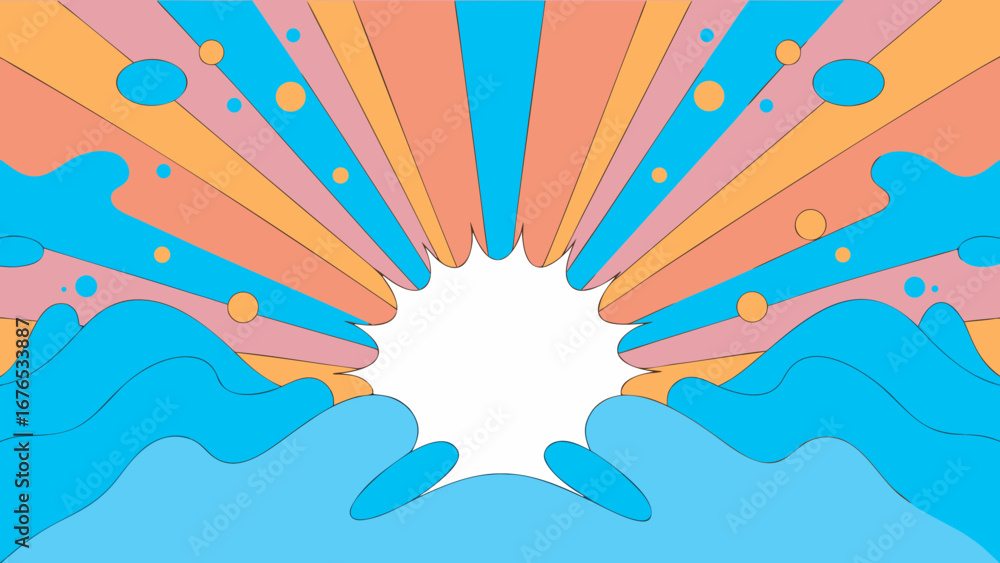 Poster retro psychedelic sunburst with wavy ocean elements and floating bubbles