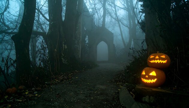 Halloween pumpkins illuminate a foggy forest path near a ruined abbey