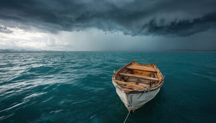 A small weathered boat on a stormy lake