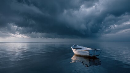A solitary white rowboat on a placid sea beneath a brooding sky