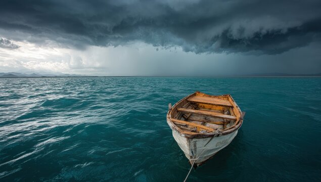A small weathered boat on a stormy lake