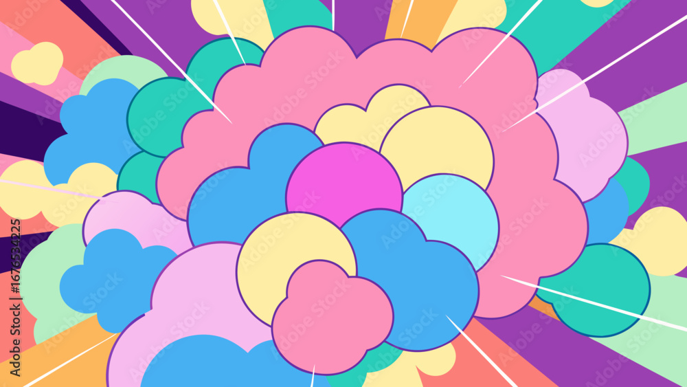Poster explosion of pastel clouds and vibrant rays creating a retro pop art background