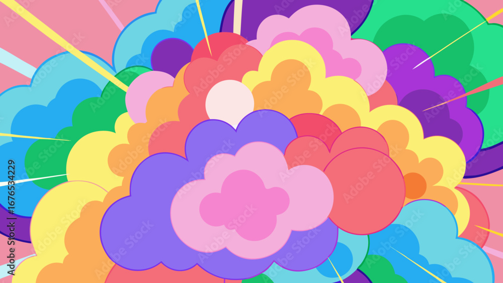 Poster vibrant explosion of colorful clouds and bursting rays in a playful abstract design