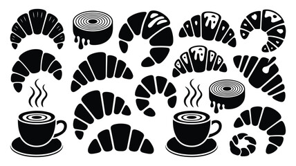 Rustic Hand Drawn Croissants and Coffee Cups Collection – Black and White Sketch Style Bakery Illustrations Isolated on Transparent Background for Cafe Branding, Menus, and Packaging Design