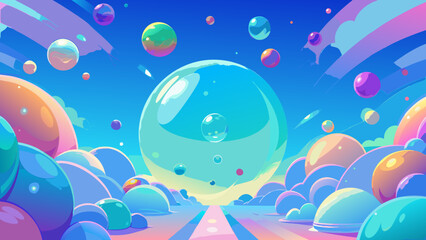 Surreal landscape with giant iridescent bubbles and colorful rounded shapes under a vast blue sky
