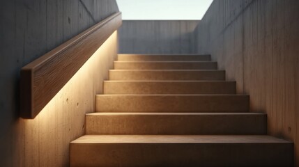 Modern aesthetic of illuminated concrete stairs leading upwards with wooden handrail in a minimalist architectural design showcasing soft light effects