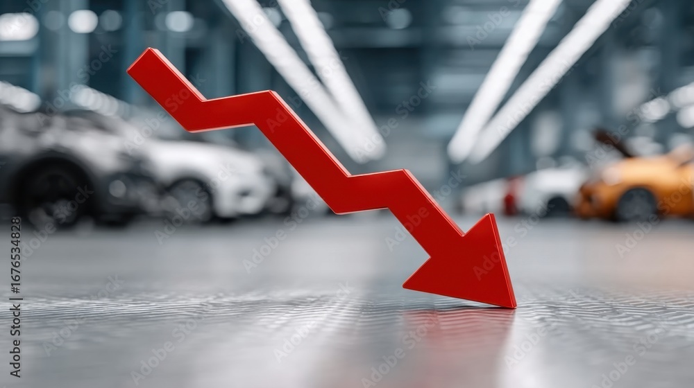 Aufkleber red arrow pointing downward on floor with car background in modern showroom representing decline in 