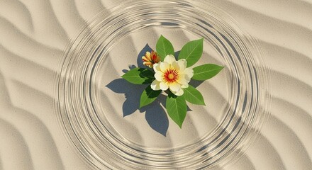 Delicate Flower and Leaves Floating in Rippled Water on Sand