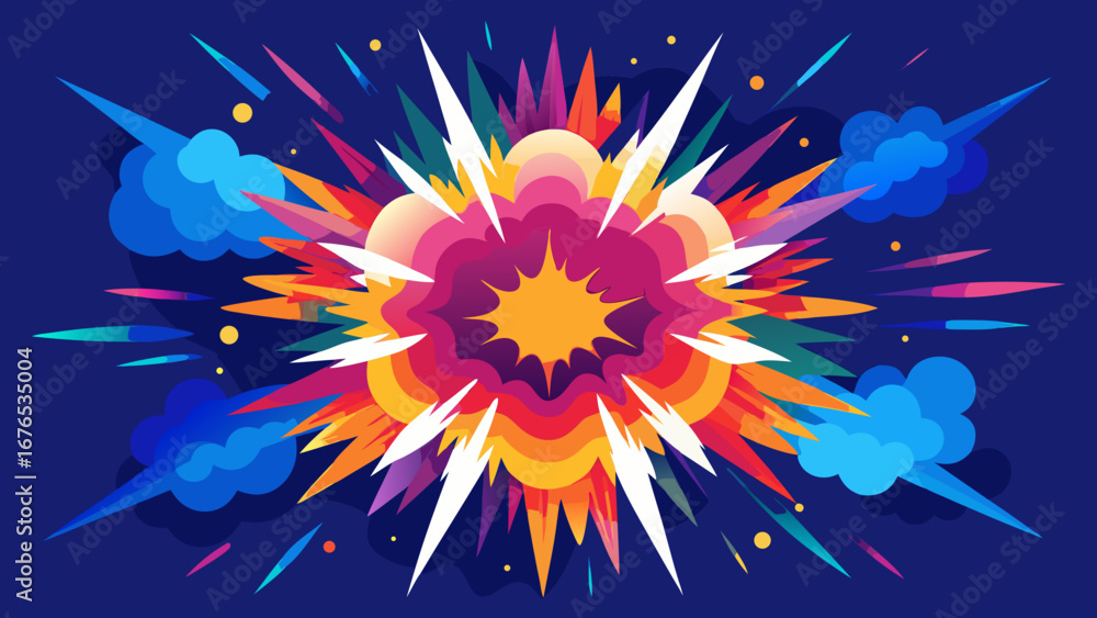 Poster vibrant abstract explosion with colorful shards and smoke clouds on a dark blue background