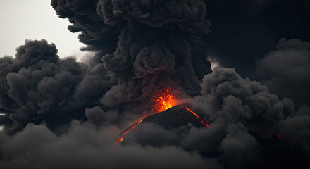 Dramatic Volcano Eruption with Lava and Dark Smoke Plume