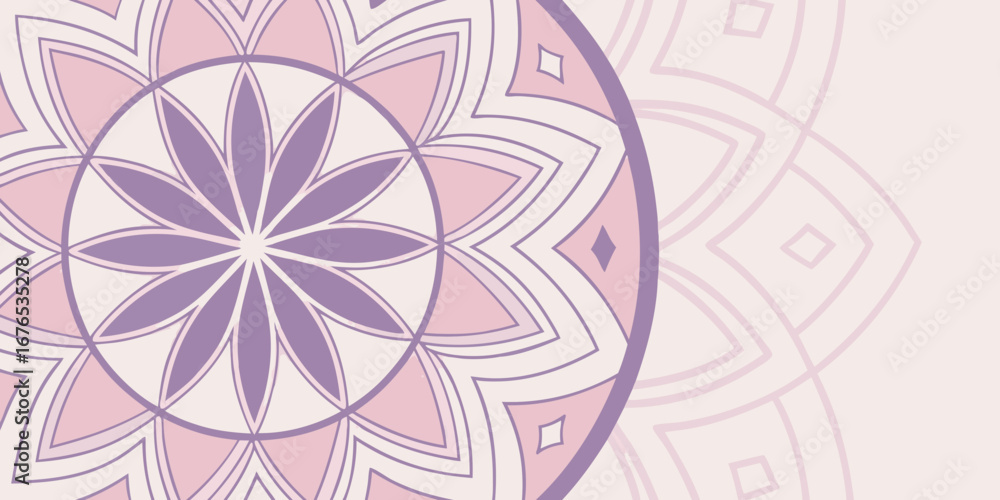 Poster elegant pastel mandala design with repeating geometric patterns and soft color palette