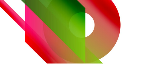 Abstract composition featuring vibrant red, green, pink shapes. Overlapping forms create dynamic visual interest, simple background.