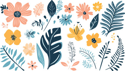 Fototapeta premium Vibrant watercolor floral elements and tropical leaves in a playful artistic arrangement