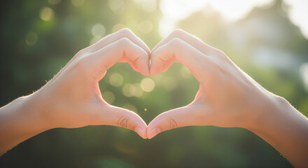 Obraz premium Warm Sunlight Illuminates Hands Forming a Heart Shape Outdoors, Symbolizing Love and Connection in Nature's Embrace